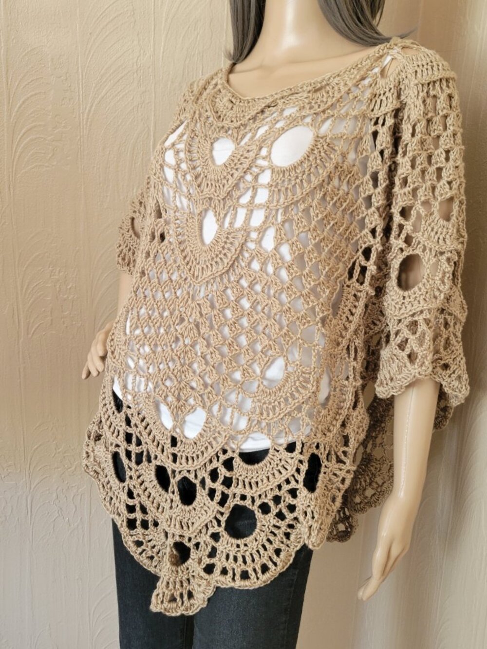 Handmade Lacy Poncho, Summer Wrap, Crochet Poncho, Summer Coverup Beige